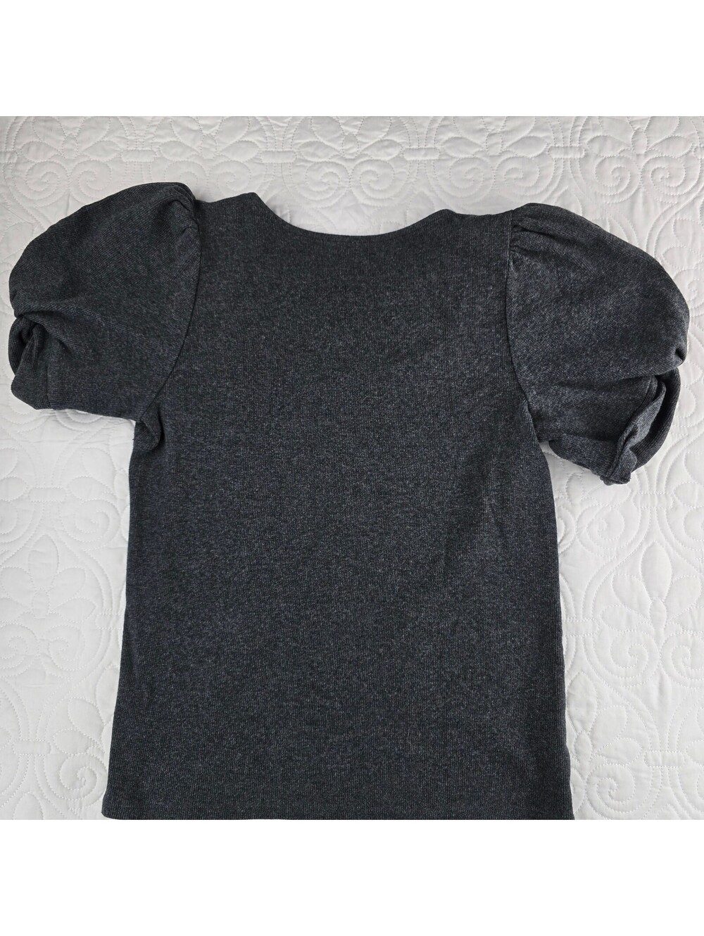 LOFT Outlet Women’s Large Gray Puff Sleeve Knit Top Stretch Cotton Scoop Neck - Picture 7 of 7